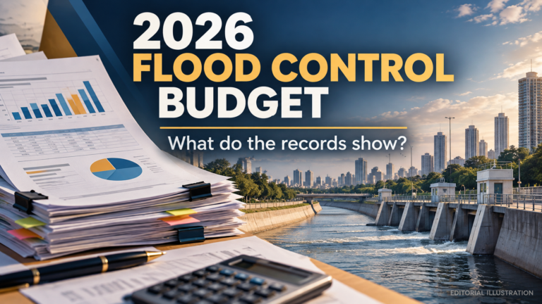 2026 Philippine Flood Control Budget Illustration Showing Budget Documents And Flood Management Infrastructure