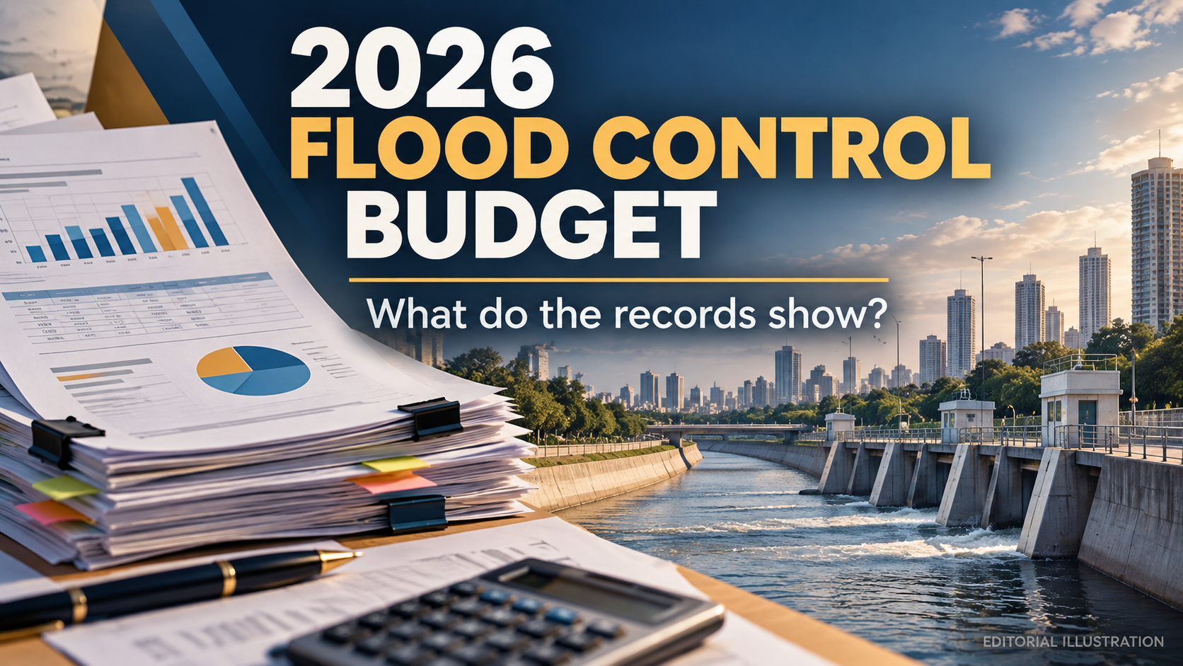 2026 Philippine Flood Control Budget Illustration Showing Budget Documents And Flood Management Infrastructure