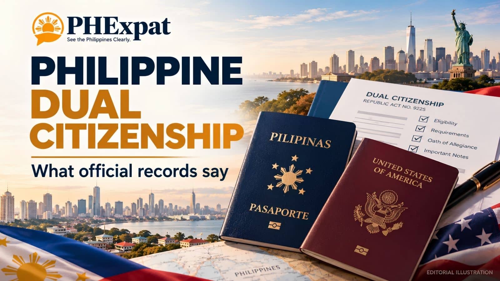 Philippine Dual Citizenship For Filipino Americans, Illustrated With Philippine And Us Passports And Republic Act 9225 Documents